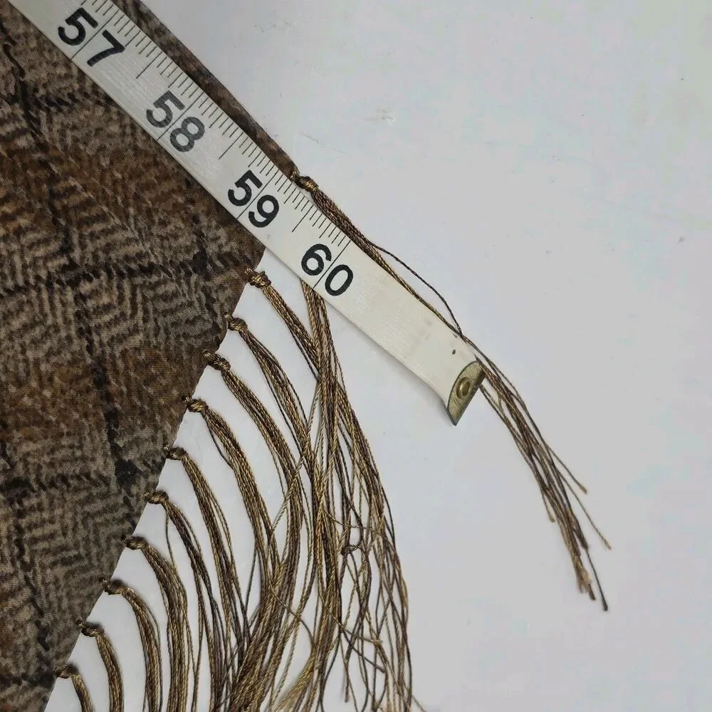 Vintage Anne Klein Silk Reversible Fringed Scarf Plaid Herringbone Tan Brown